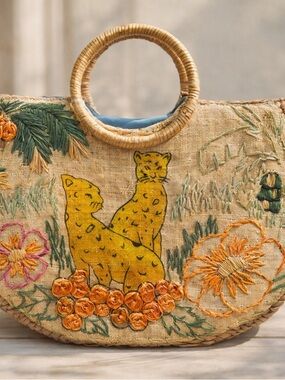 Vintage Straw Handbag Purse Embroidered Painted Leopard Jungle Boho Rafia Beach